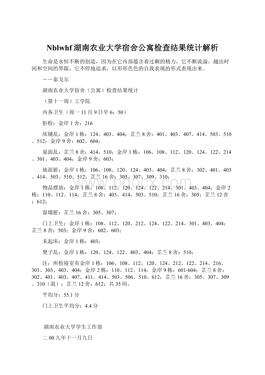 Nblwhf湖南农业大学宿舍公寓检查结果统计解析Word格式.docx_第1页