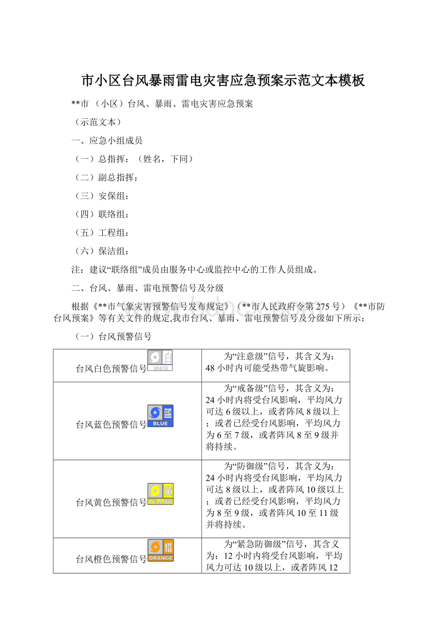 市小区台风暴雨雷电灾害应急预案示范文本模板Word文档格式.docx_第1页