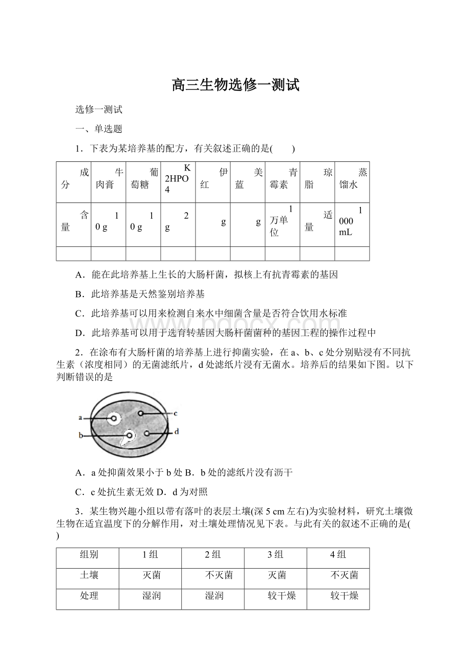 高三生物选修一测试Word格式.docx