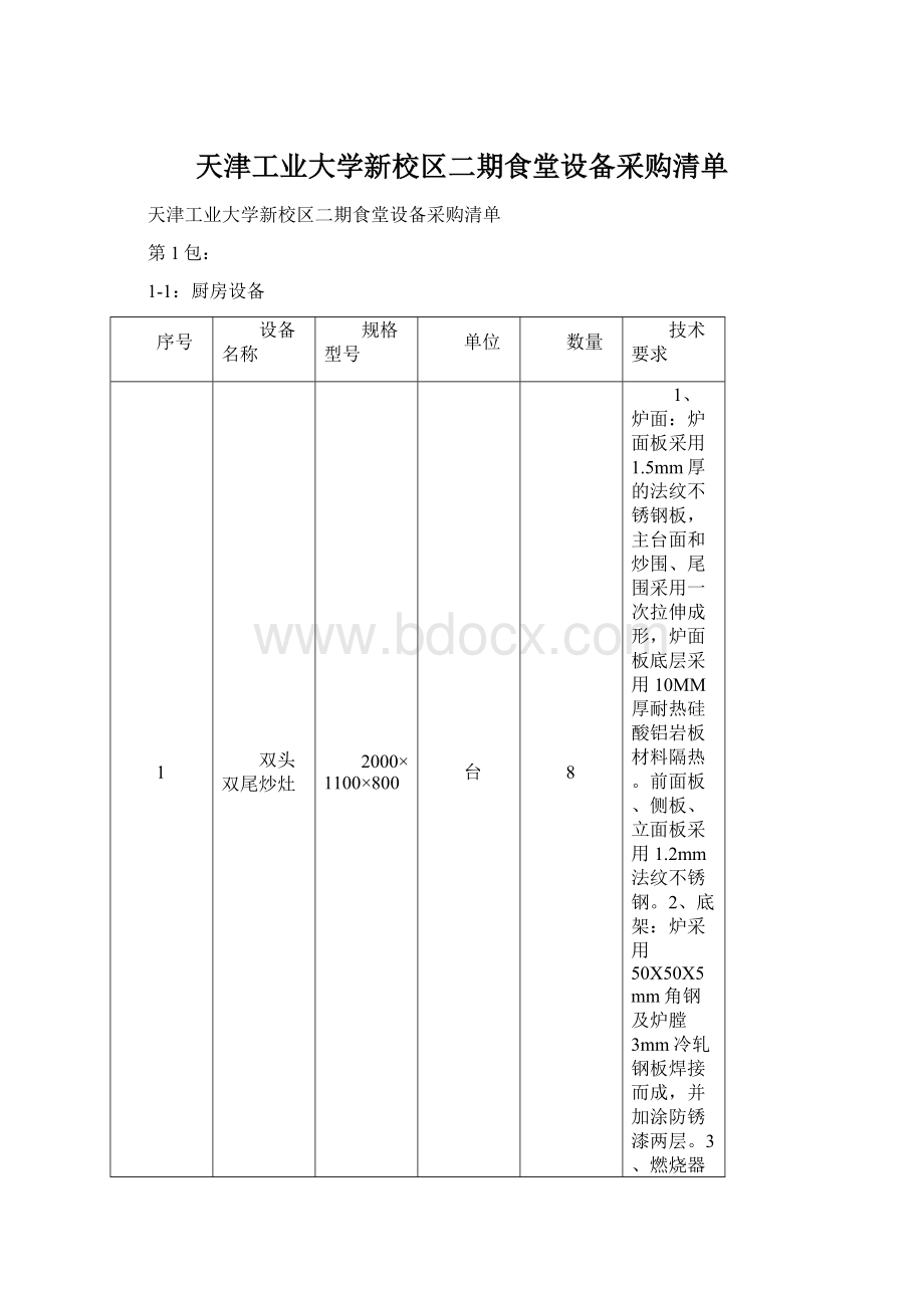 天津工业大学新校区二期食堂设备采购清单.docx