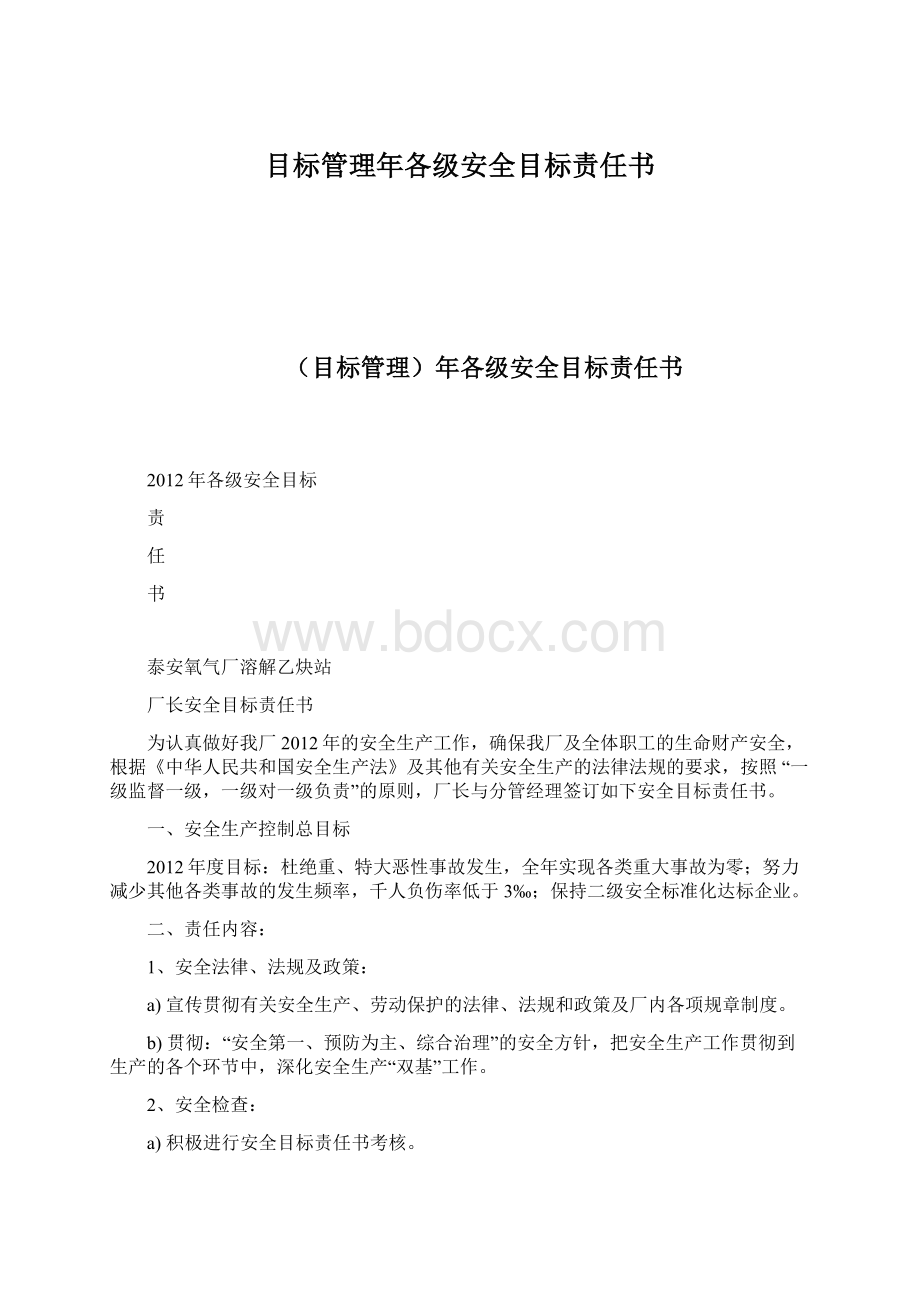 目标管理年各级安全目标责任书Word文档格式.docx_第1页