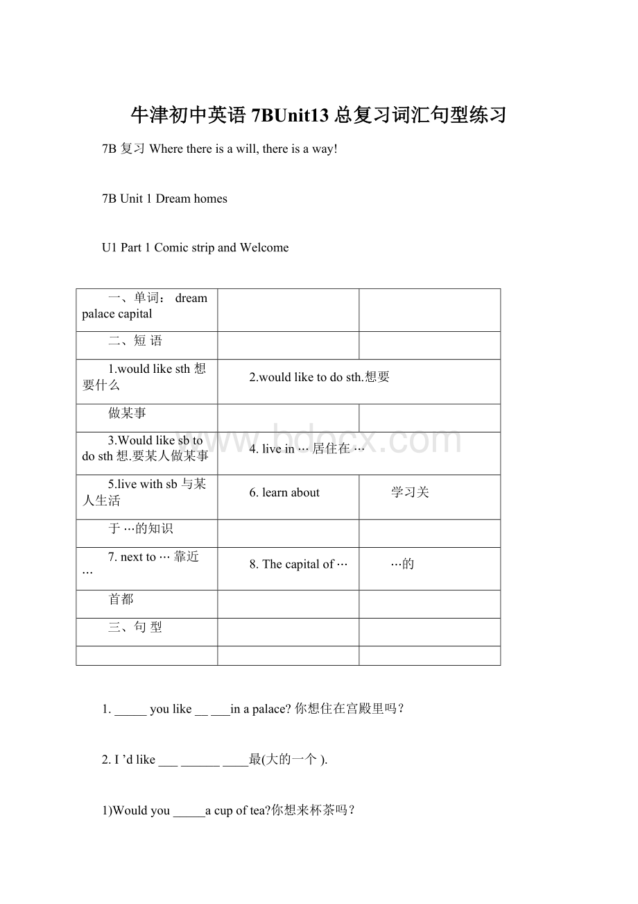 牛津初中英语7BUnit13总复习词汇句型练习文档格式.docx