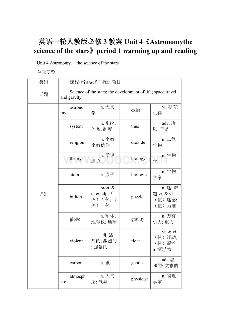 英语一轮人教版必修3教案Unit 4《Astronomythe science of the stars》period 1 warming up and readingWord文档格式.docx