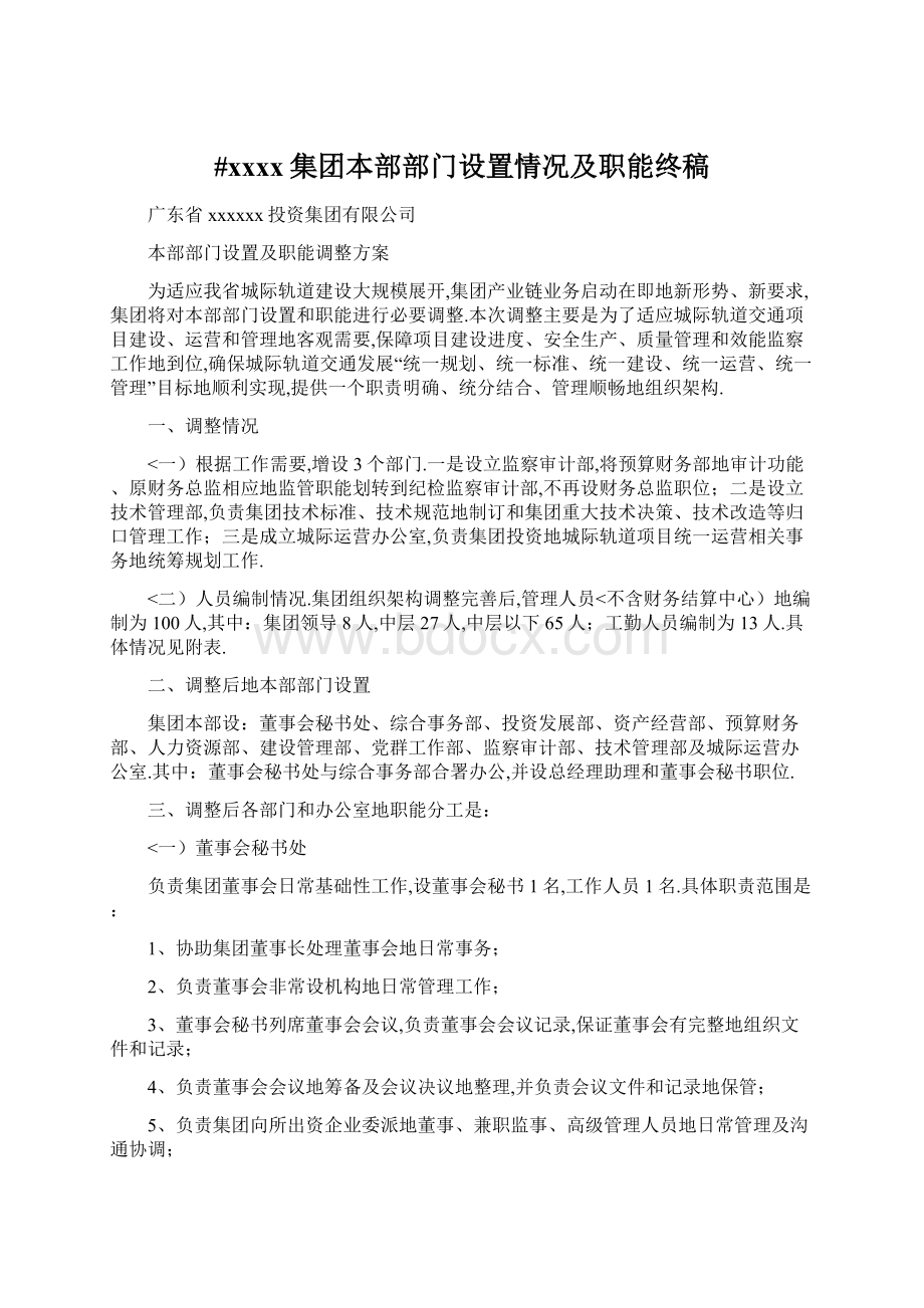 #xxxx集团本部部门设置情况及职能终稿Word文件下载.docx_第1页