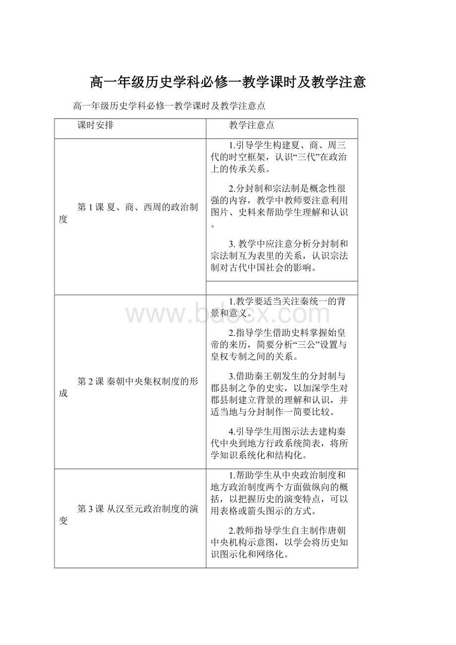 高一年级历史学科必修一教学课时及教学注意Word文档下载推荐.docx