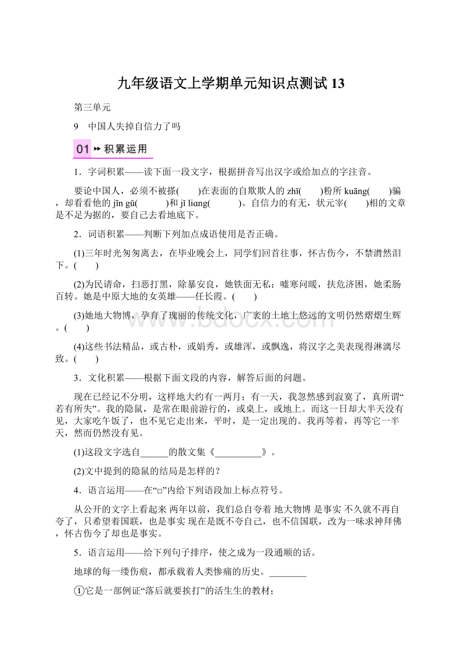 九年级语文上学期单元知识点测试13Word格式.docx