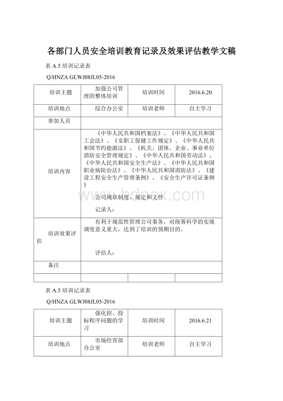 各部门人员安全培训教育记录及效果评估教学文稿.docx_第1页