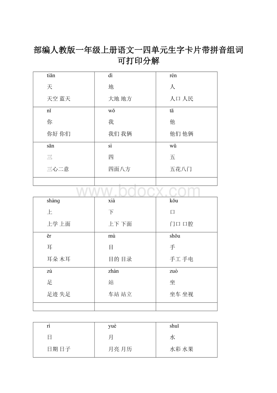 部编人教版一年级上册语文一四单元生字卡片带拼音组词可打印分解Word下载.docx_第1页