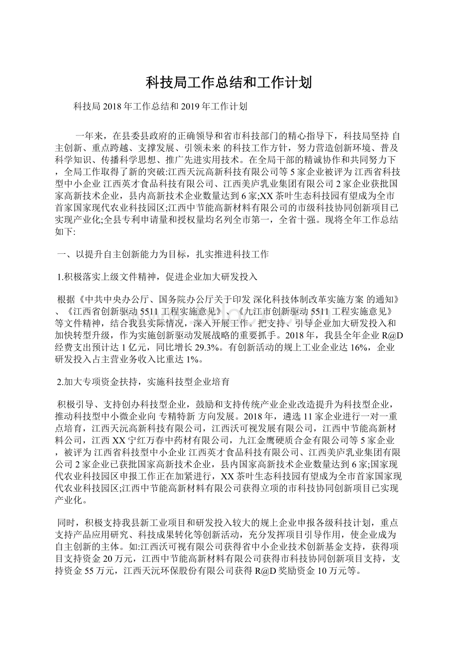 科技局工作总结和工作计划文档格式.docx