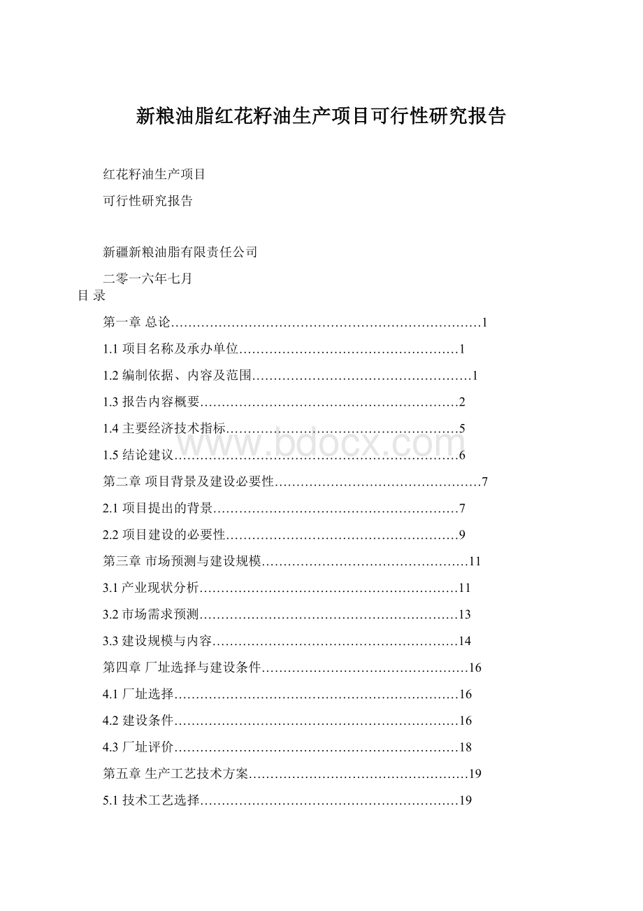 新粮油脂红花籽油生产项目可行性研究报告Word格式文档下载.docx