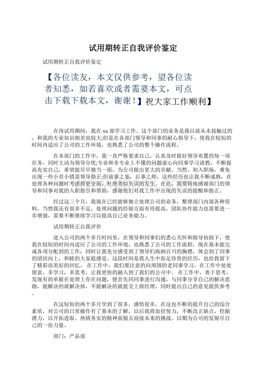 试用期转正自我评价鉴定Word文件下载.docx