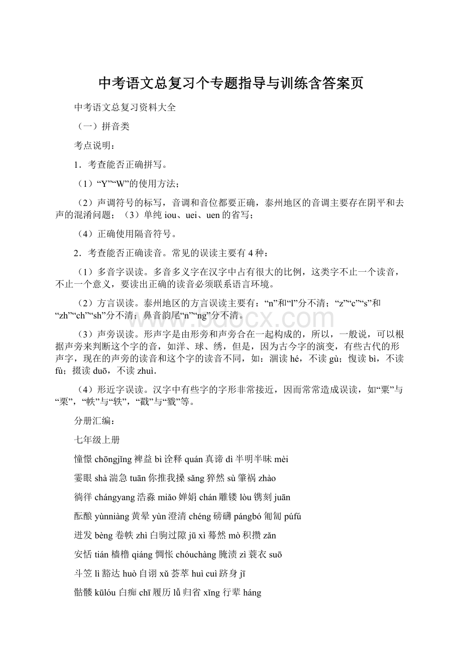 中考语文总复习个专题指导与训练含答案页.docx