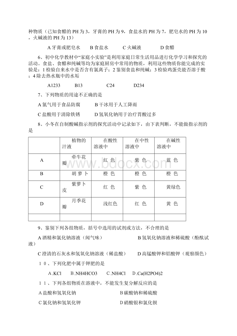 初中化学酸碱盐测试题.docx_第2页