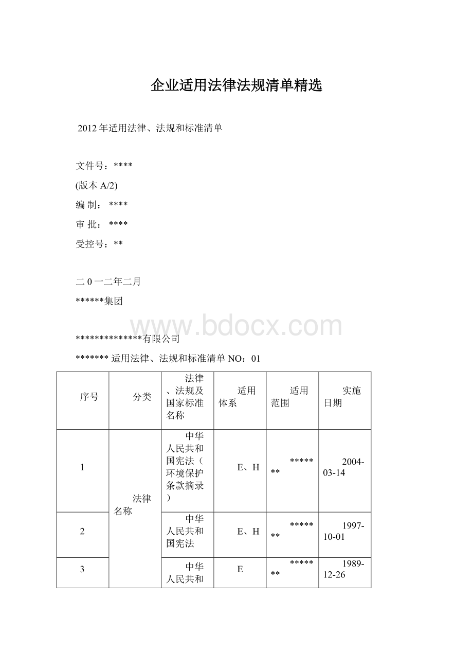 企业适用法律法规清单精选Word文档格式.docx