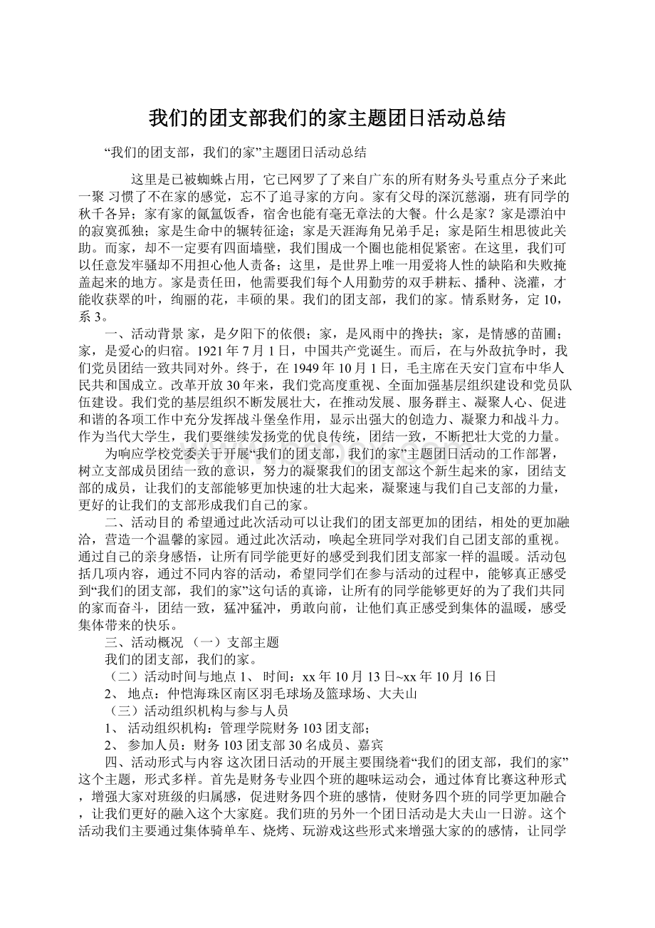 我们的团支部我们的家主题团日活动总结Word下载.docx