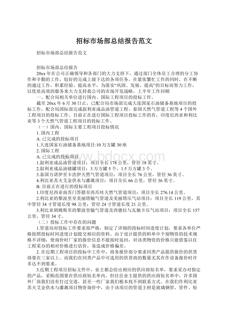 招标市场部总结报告范文Word文档下载推荐.docx