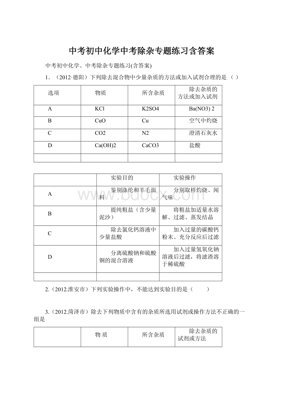 中考初中化学中考除杂专题练习含答案.docx