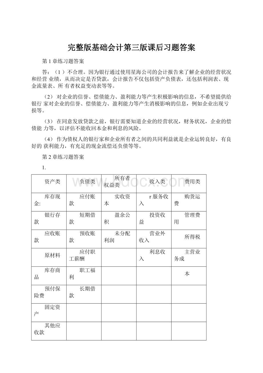 完整版基础会计第三版课后习题答案.docx