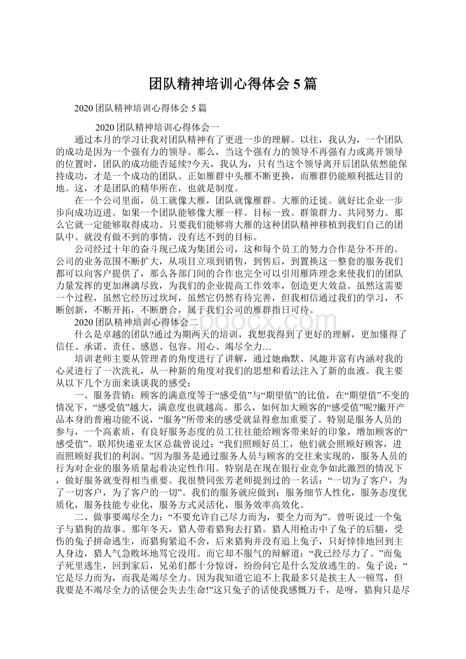 团队精神培训心得体会5篇Word文档下载推荐.docx