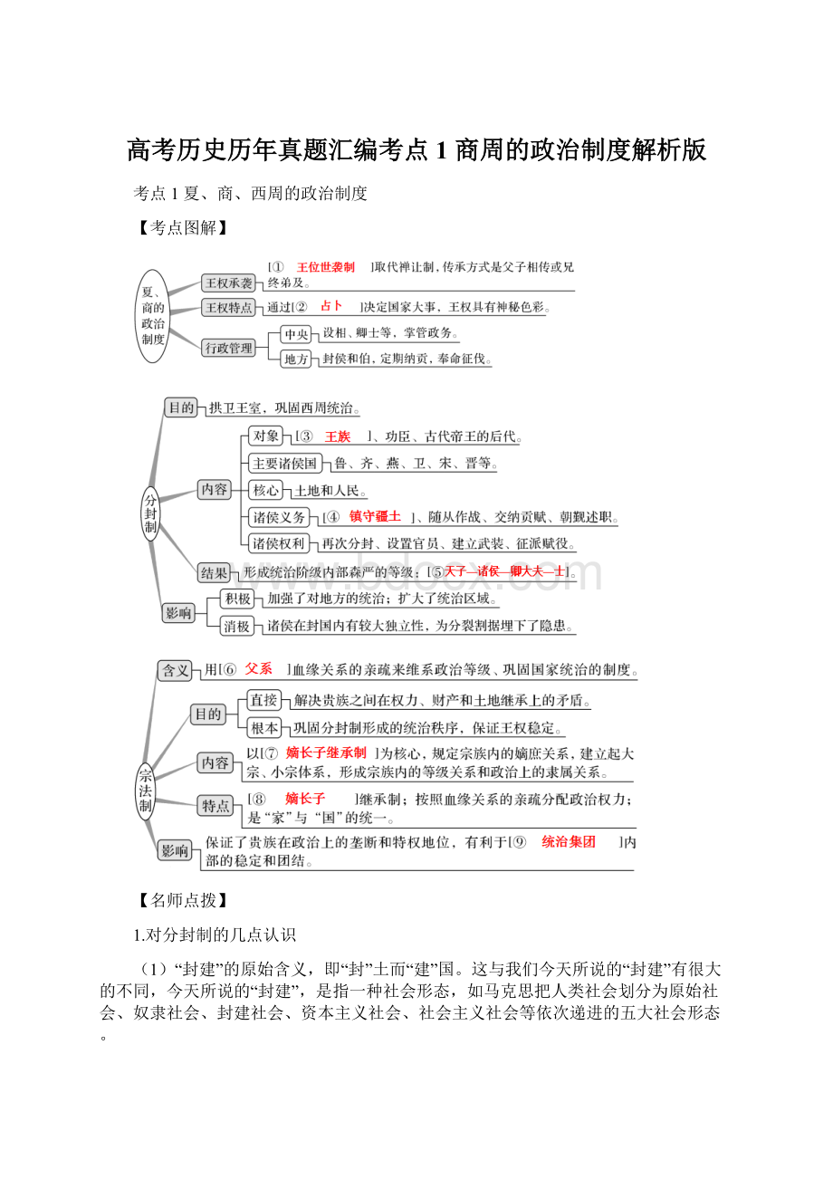 高考历史历年真题汇编考点1 商周的政治制度解析版.docx_第1页