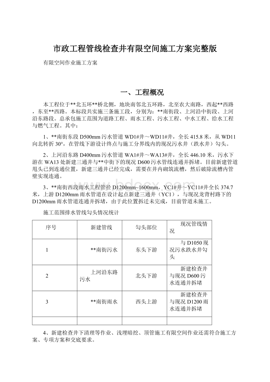 市政工程管线检查井有限空间施工方案完整版Word文档格式.docx