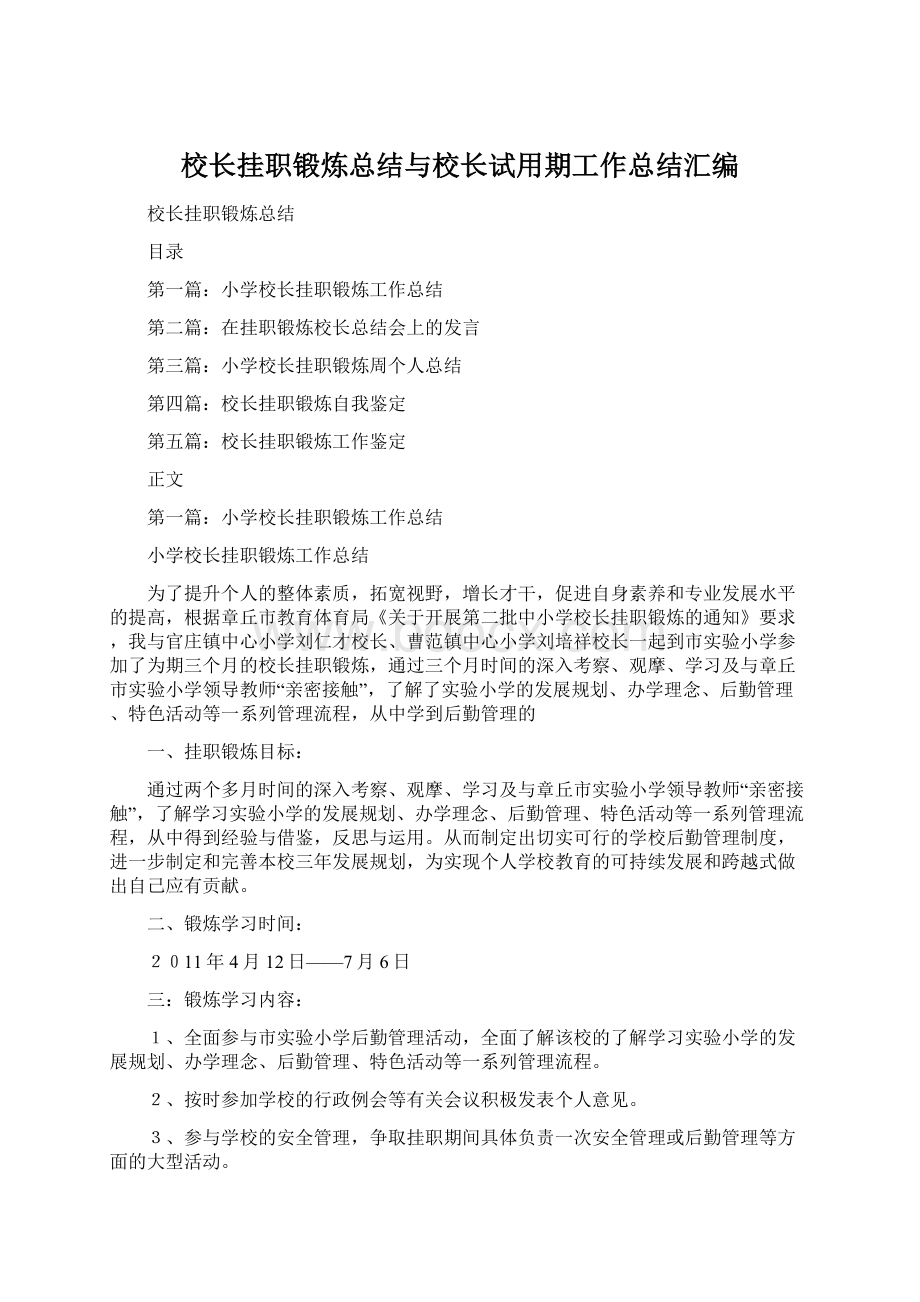 校长挂职锻炼总结与校长试用期工作总结汇编Word文档格式.docx