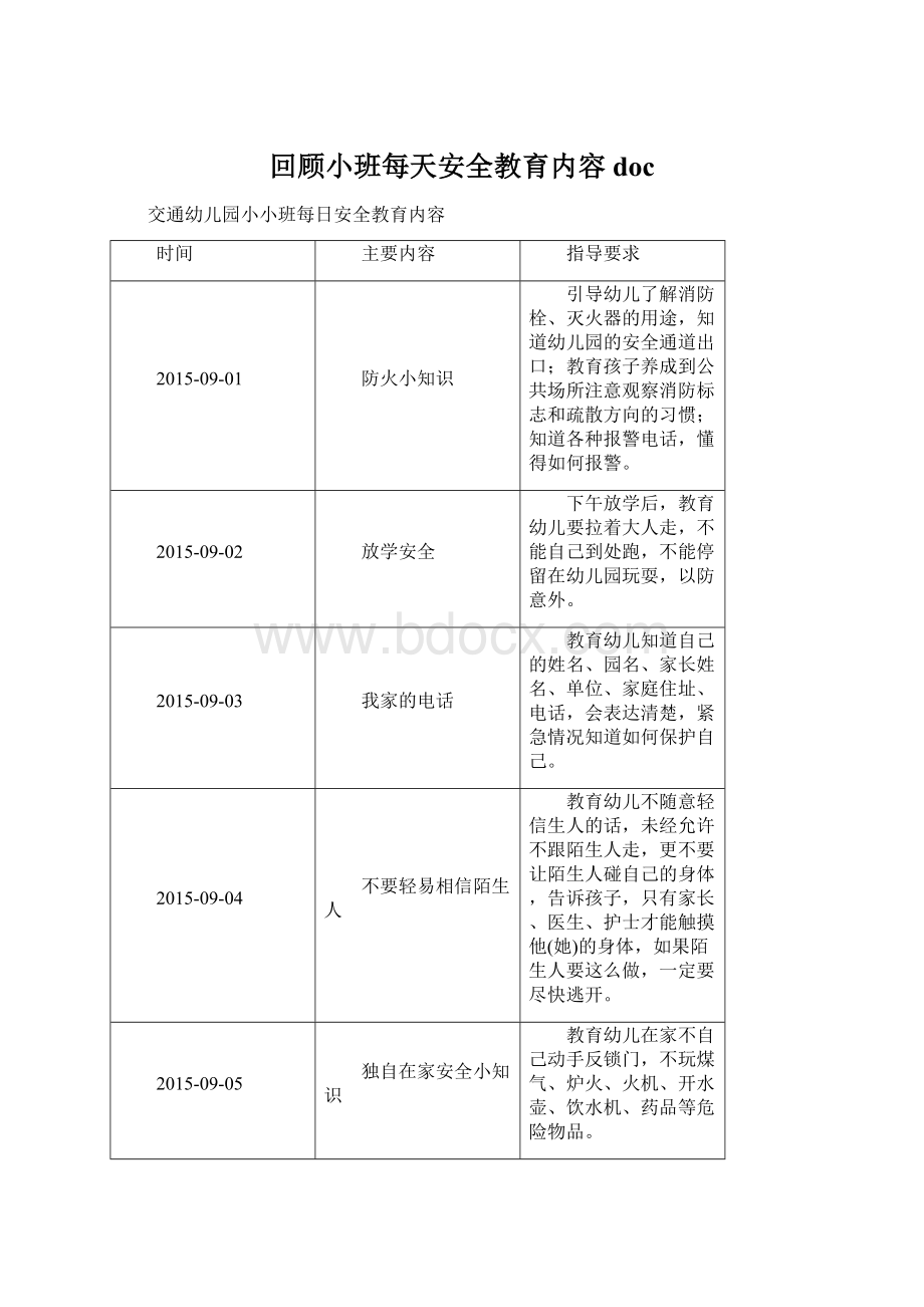 回顾小班每天安全教育内容docWord下载.docx