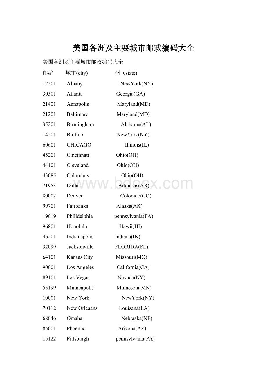 美国各洲及主要城市邮政编码大全.docx_第1页