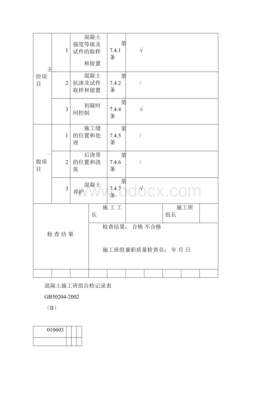 混凝土的施工班组自检记录表Word下载.docx_第3页