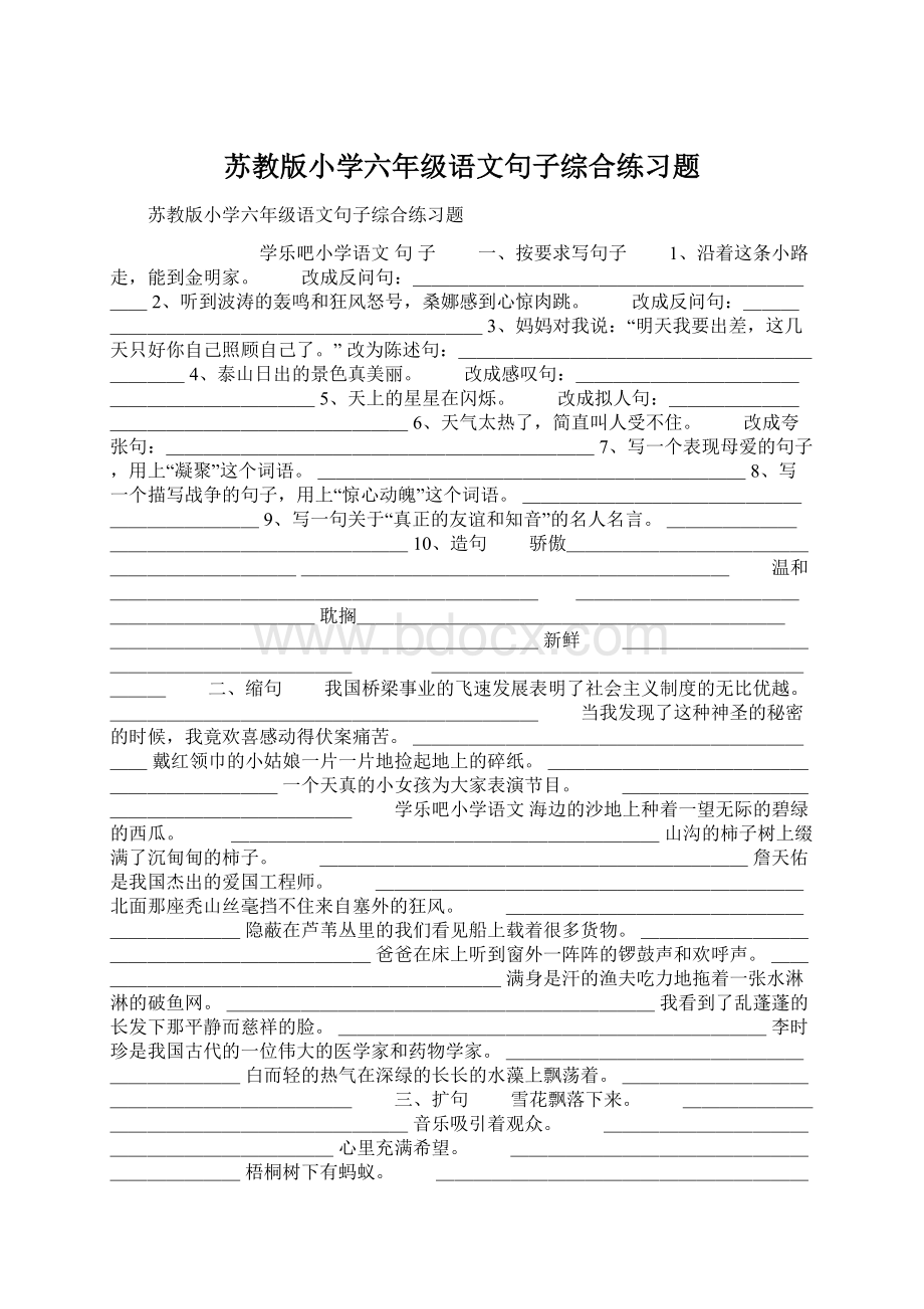 苏教版小学六年级语文句子综合练习题Word文件下载.docx_第1页