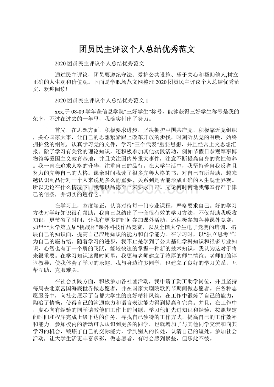 团员民主评议个人总结优秀范文文档格式.docx