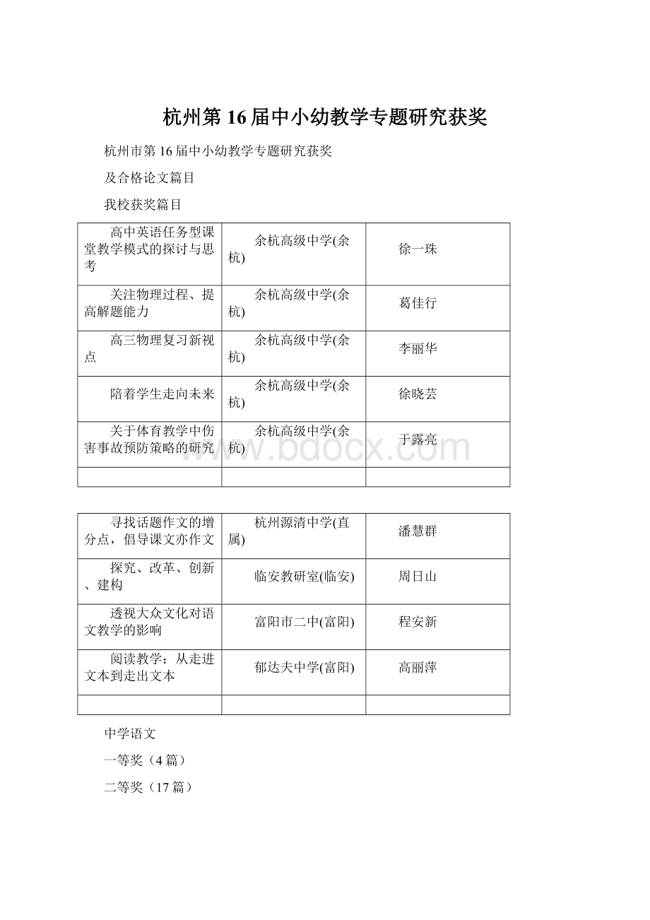 杭州第16届中小幼教学专题研究获奖.docx