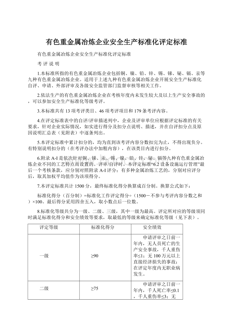 有色重金属冶炼企业安全生产标准化评定标准Word文件下载.docx