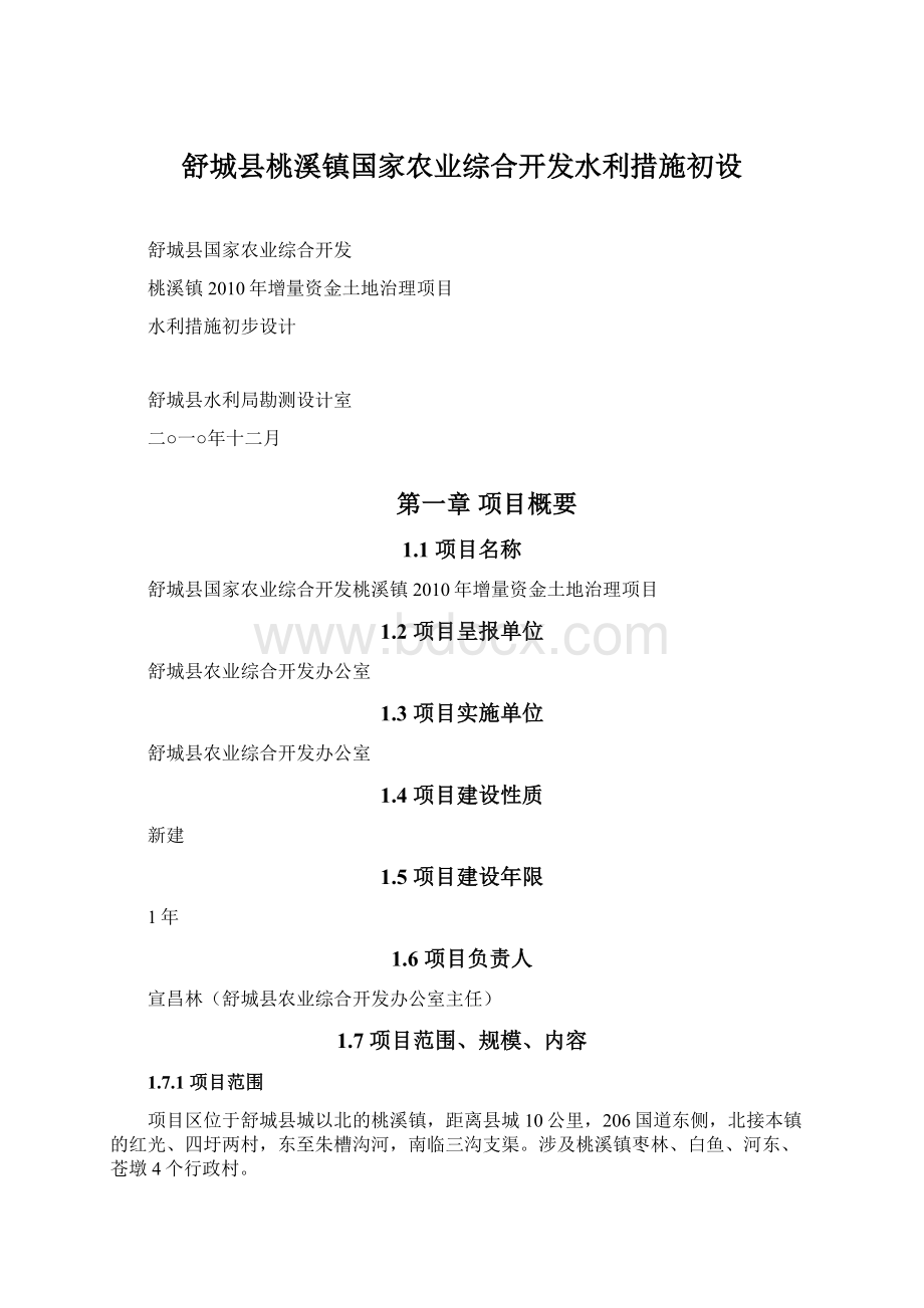 舒城县桃溪镇国家农业综合开发水利措施初设文档格式.docx_第1页