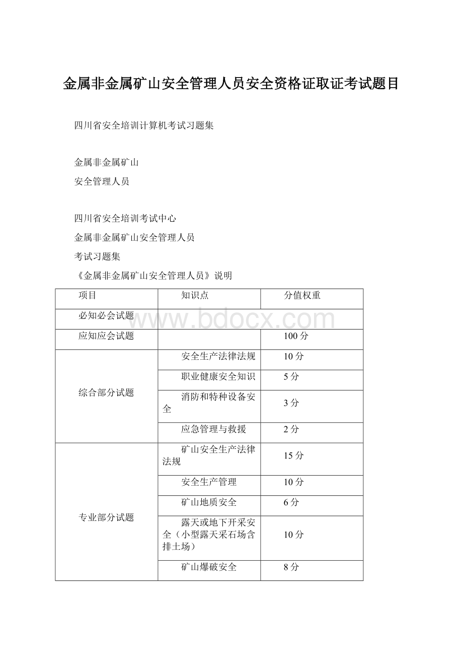 金属非金属矿山安全管理人员安全资格证取证考试题目文档格式.docx_第1页