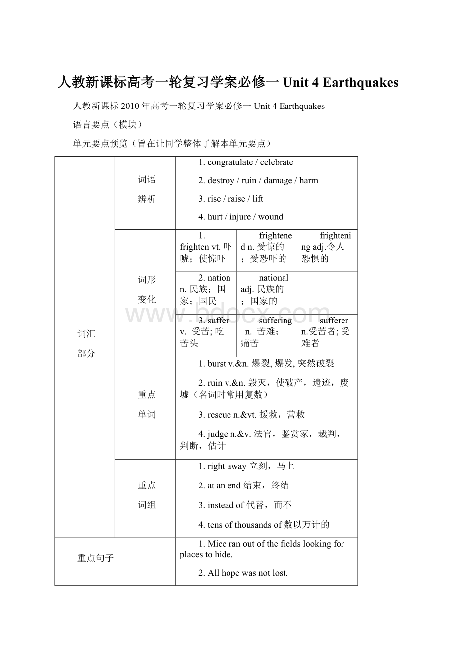 人教新课标高考一轮复习学案必修一Unit 4Earthquakes.docx