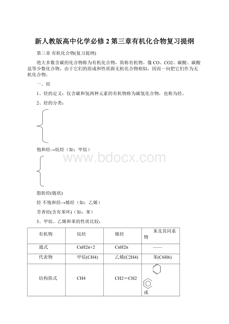 新人教版高中化学必修2第三章有机化合物复习提纲Word文件下载.docx_第1页