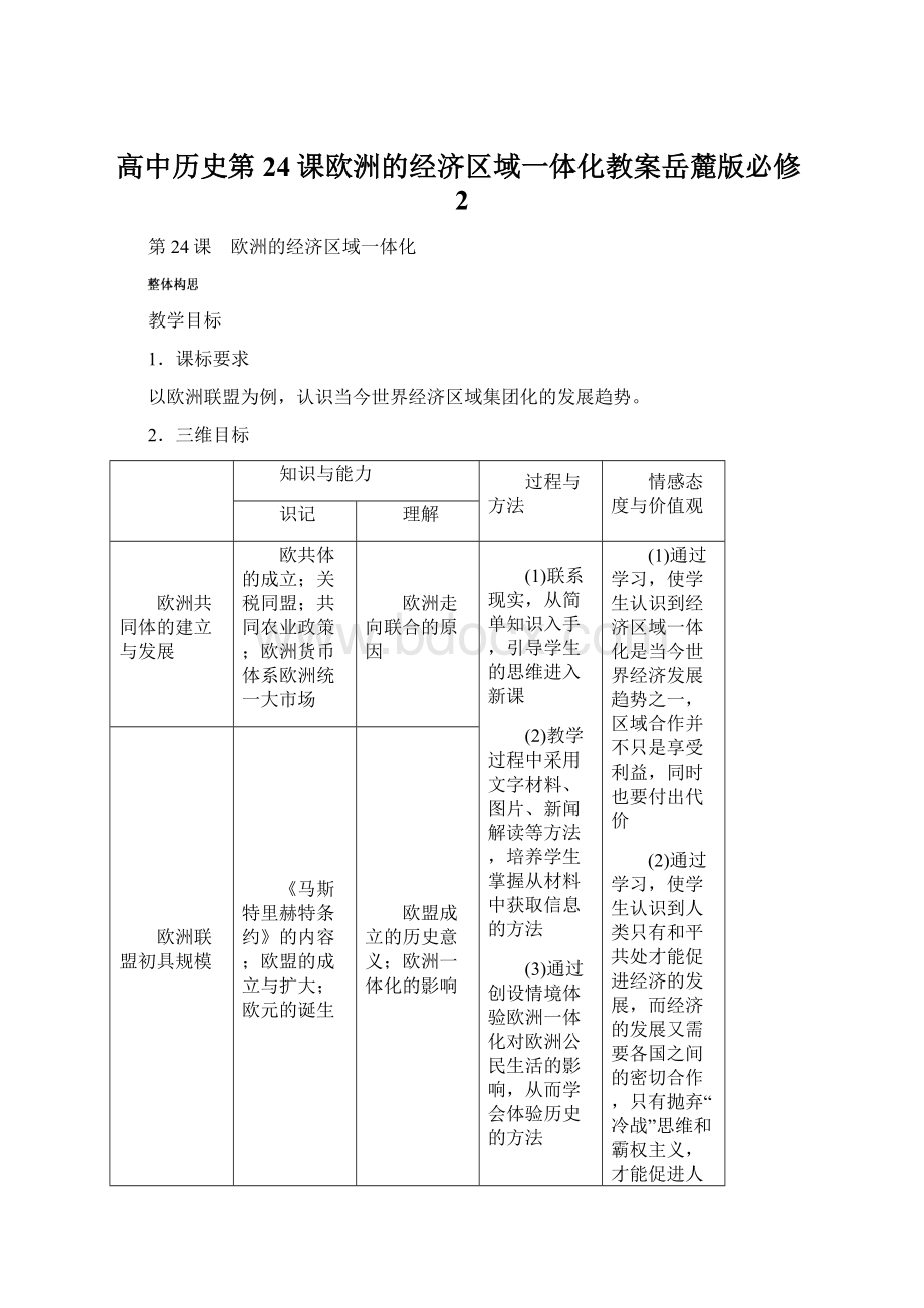 高中历史第24课欧洲的经济区域一体化教案岳麓版必修2.docx