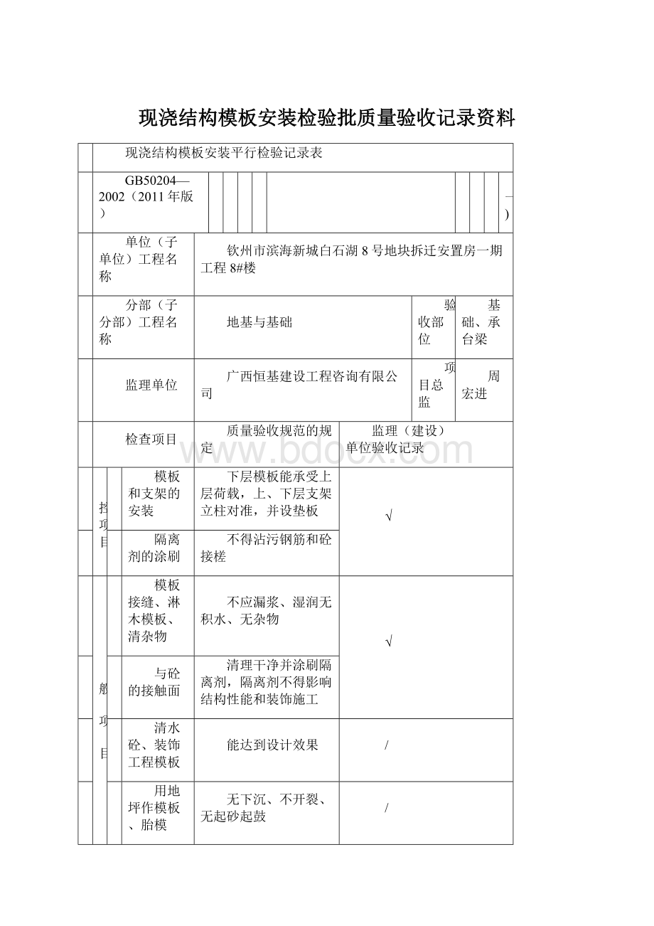 现浇结构模板安装检验批质量验收记录资料.docx_第1页