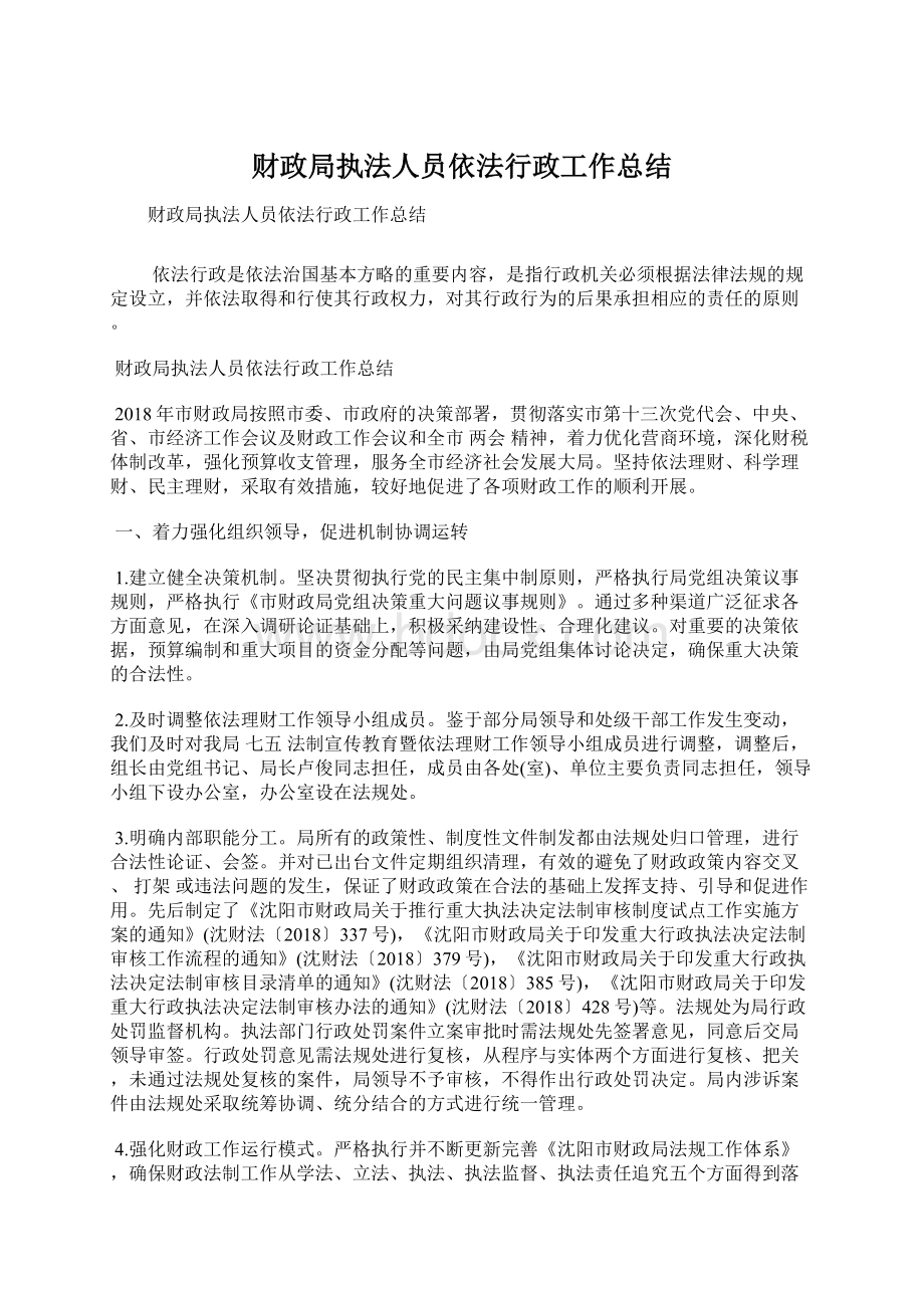 财政局执法人员依法行政工作总结Word文档格式.docx_第1页