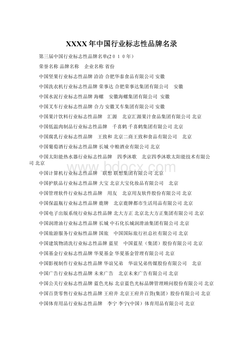 XXXX年中国行业标志性品牌名录Word格式.docx