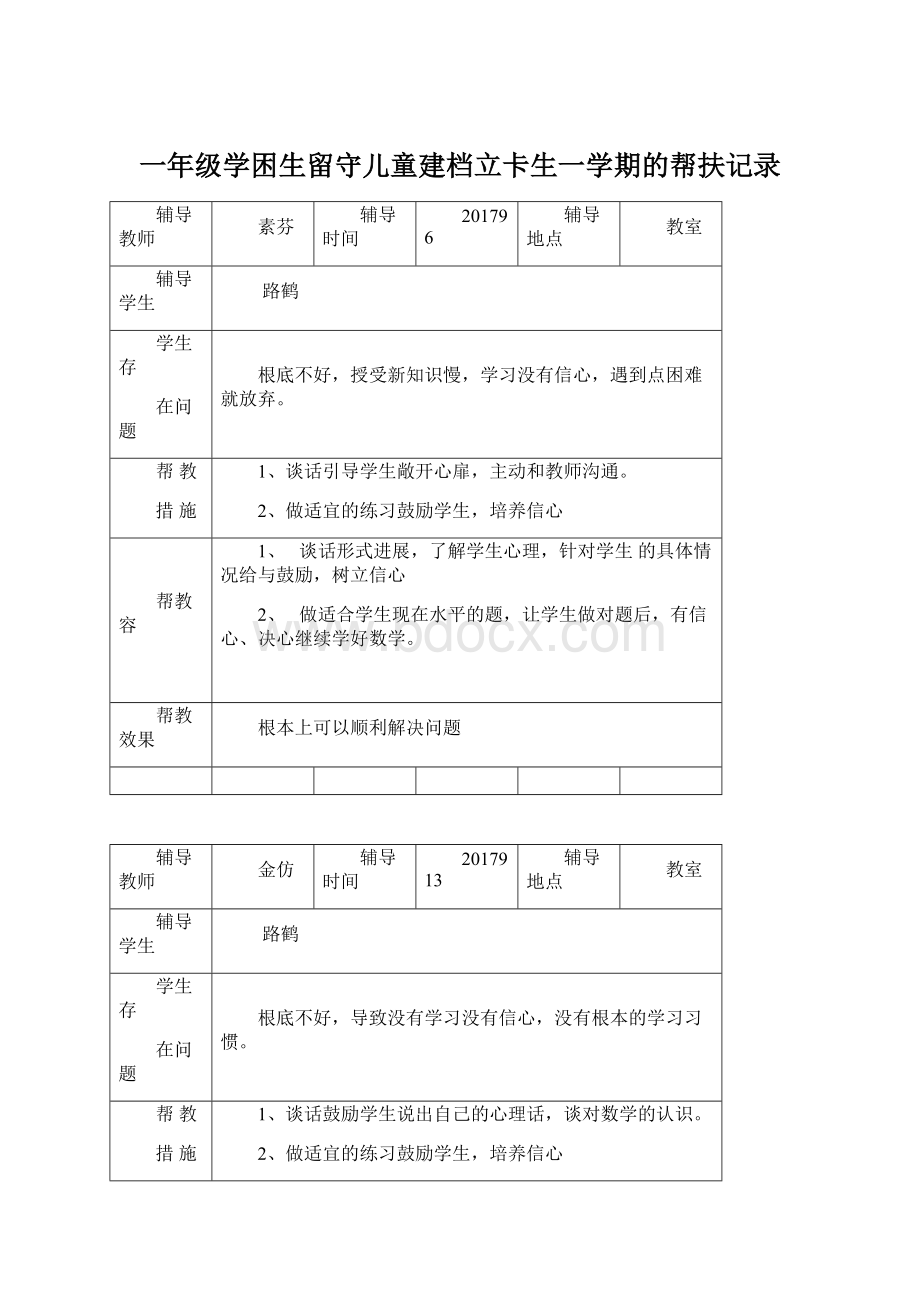 一年级学困生留守儿童建档立卡生一学期的帮扶记录.docx