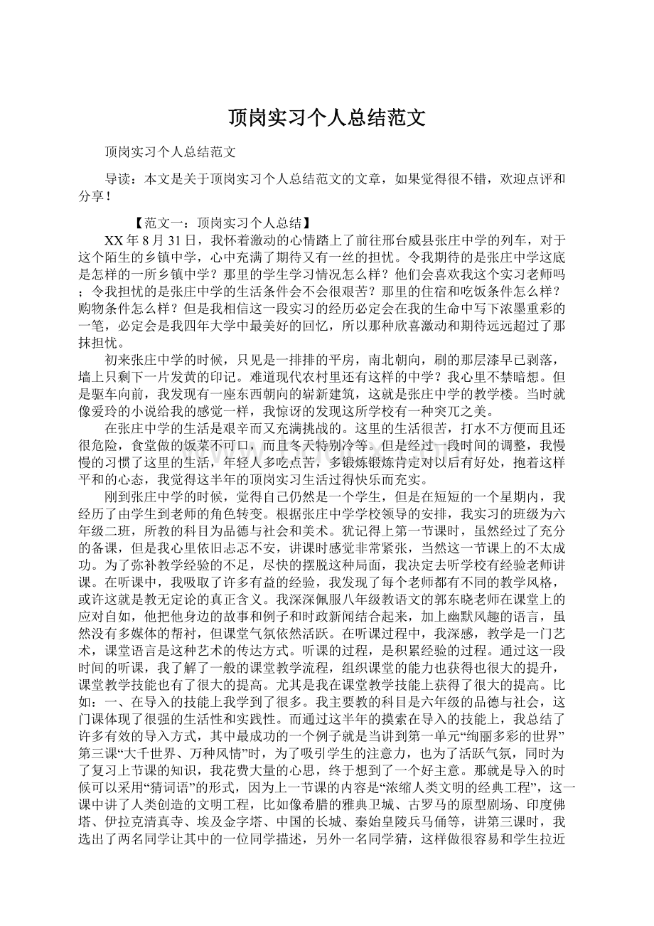 顶岗实习个人总结范文.docx