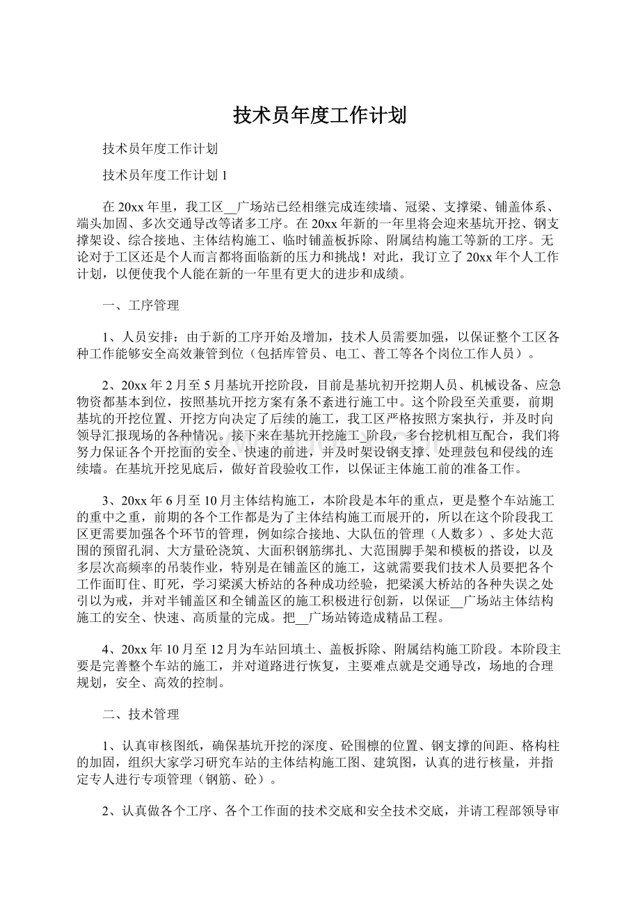 技术员年度工作计划Word格式文档下载.docx