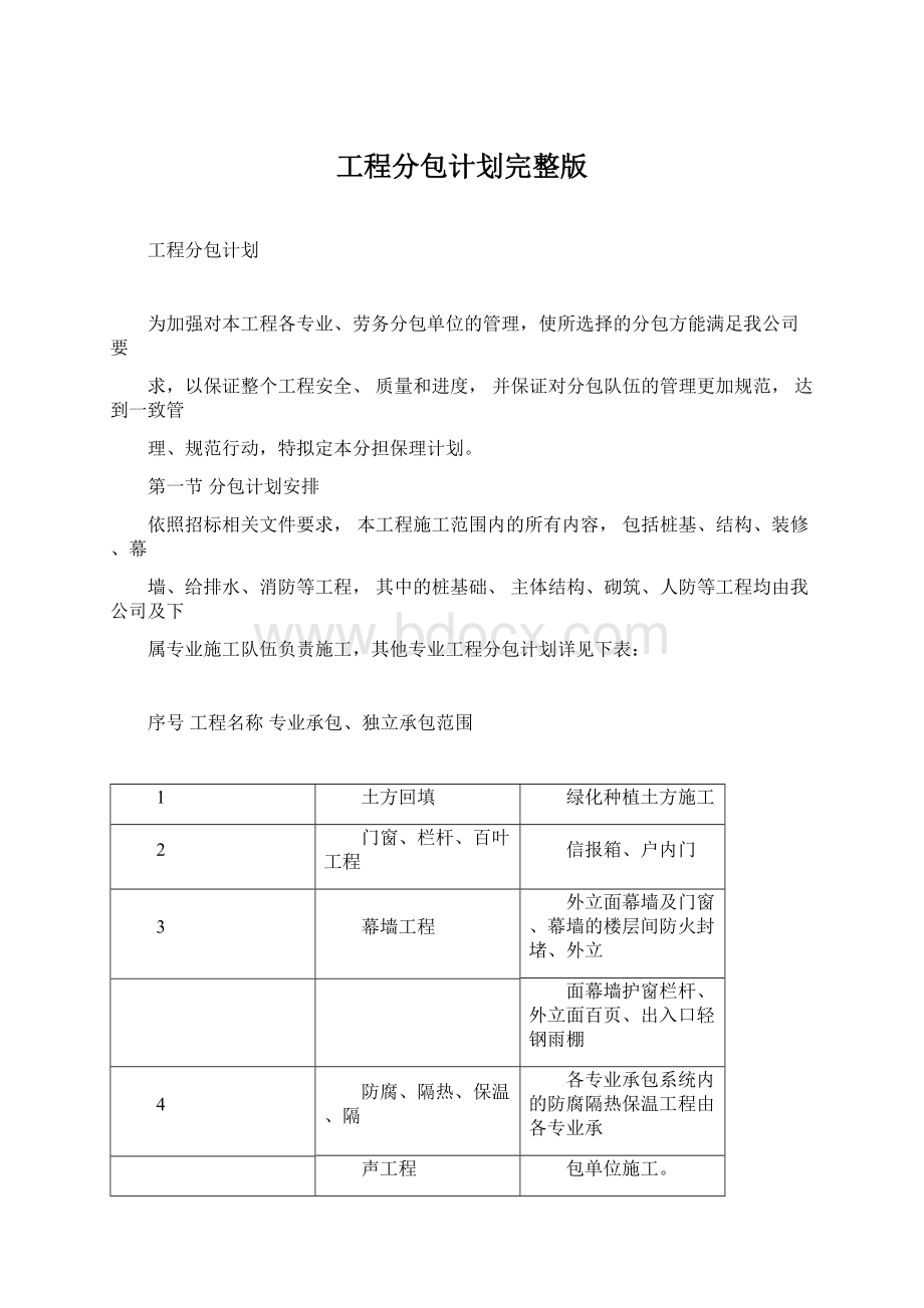 工程分包计划完整版Word文档格式.docx_第1页