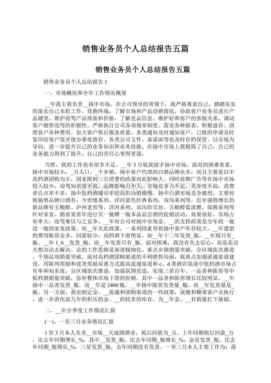 销售业务员个人总结报告五篇文档格式.docx_第1页