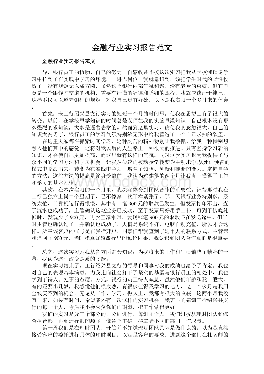 金融行业实习报告范文Word格式文档下载.docx