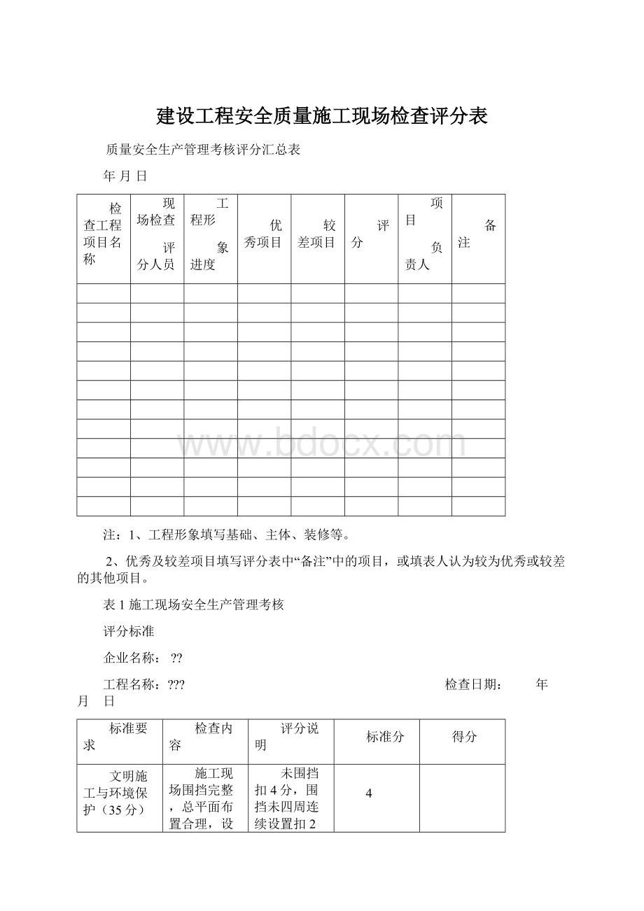 建设工程安全质量施工现场检查评分表.docx_第1页