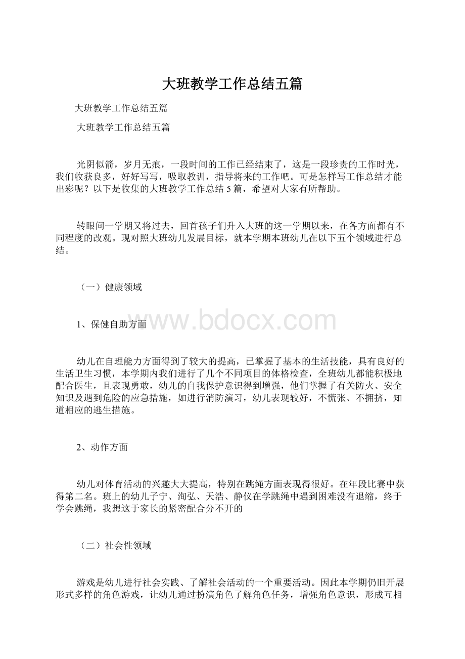 大班教学工作总结五篇.docx