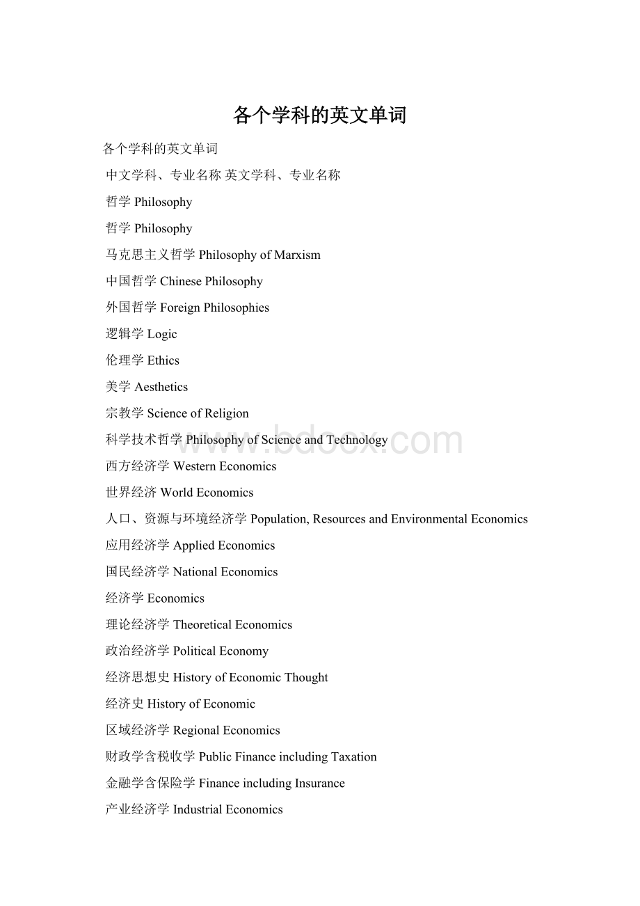 各个学科的英文单词Word格式文档下载.docx_第1页